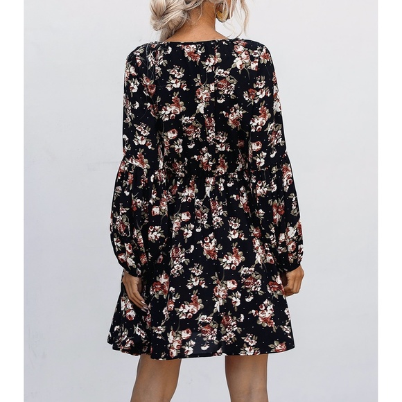 Black Floral Print Long Sleeve Fit & Flare Dress - Picture 2 of 14